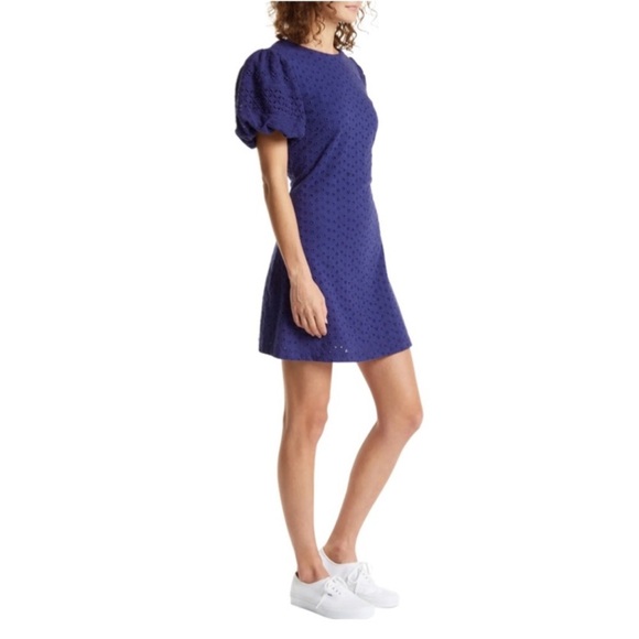 Free People Apricot Rose Puff Sleeve Eyelet Dress Living Indigo Size Medium NWT - Picture 4 of 10